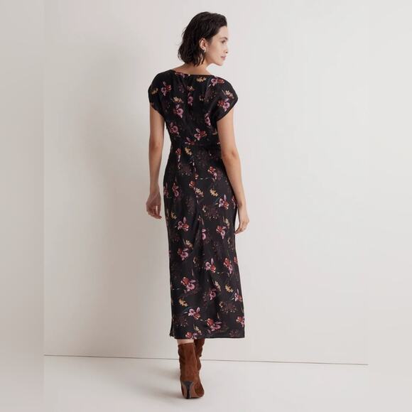 new Madewell Wide V-Neck Midi Dress floral black sz10 Printed Side Slit Sexy - Picture 2 of 12
